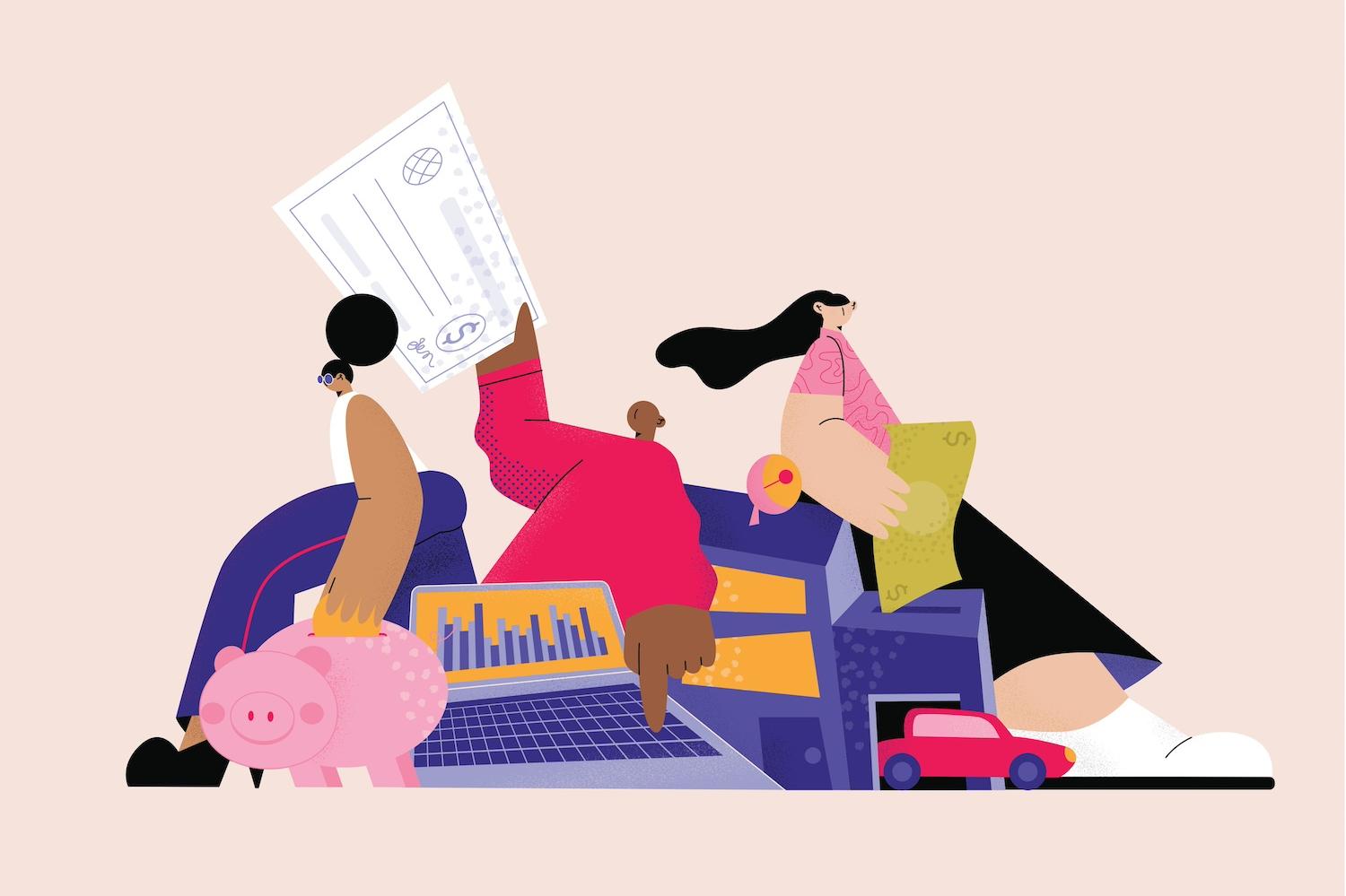An illustration of three people holding checks, cash and a piggy bank — credit unions